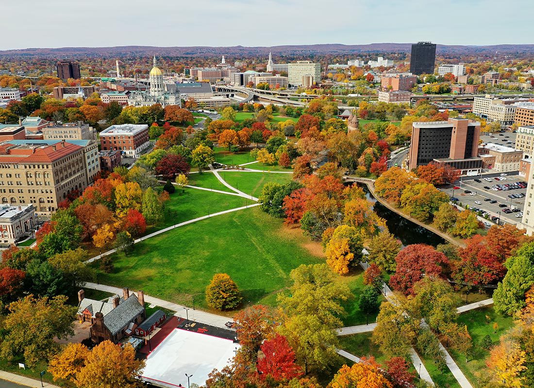 Sandy Hook, CT - Aerial view of Hartford, Connecticut With a Green Park on a Sunny Day